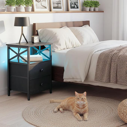 AMHANCIBLE Nightstands Set of 2 with Charging Station, LED Night Stand with 2 Storage Drawers, End Tables with USB Ports and Outlets, Modern Bedside Tables for Bedroom, Black, HET052LBK