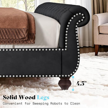AMERLIFE 55" Tall Sleigh Bed Frame with Scroll Headboard & Footboard, Velvet Upholstered Platform Bed with Deep Button Tufted, Solid Wood Legs, No Box Spring Needed, Black, California King