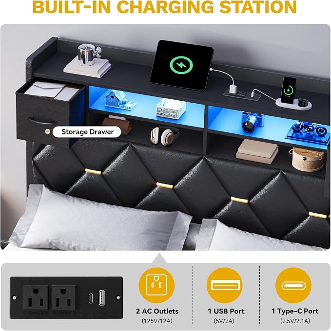 YITAHOME Queen Size Bed Frame with 2 Storage Drawers and Storage Headboard, Upholstered Platform with Charging Station and LED Light, No Box Spring Needed, Noise Free, Easy Assembly, PU Leather Black