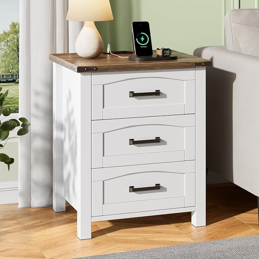 Decofy Farmhouse Nightstand with Charging Station, 18'' Wide Rustic End Table with USB/Type-C Ports, 3 Drawers, Wood Bedside Table for Bedroom, White