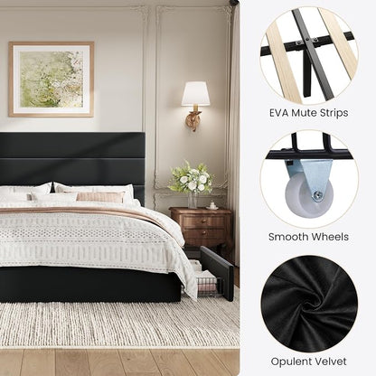 SHA CERLIN Full Size Platform Bed Frame with 4 Storage Drawers, Velvet Upholstered Headboard, Mattress Foundation with Wooden Slats Support, No Box Spring Needed, Easy Assembly, Black