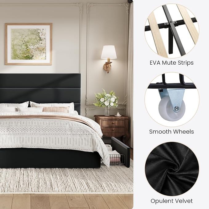 SHA CERLIN Queen Size Platform Bed Frame with 4 Storage Drawers, Velvet Upholstered Headboard, Mattress Foundation with Wooden Slats Support, No Box Spring Needed, Easy Assembly, Black