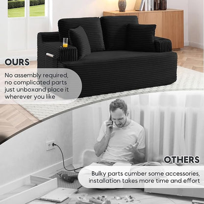 66.5'' Boneless Sofa Couch with Cup Holders & Side Pockets, Modern Corduroy Fabric Upholstered Loveseat Couch with 2 Throw Pillows for Living Room Office, No Assembly (Black)