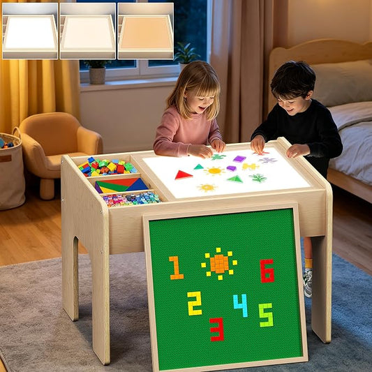 Light Table for Kids, 3-in-1 Kids Activity Table with Storage and Adjustable LED Lights, 3 Colors & 10 Dimmable Brightness, for Home Classroom Preschool & Playroom