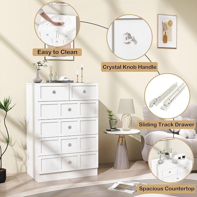 6 Drawer Dresser for Bedroom: 24" Fluted White Dresser Deep Drawers, Modern Chest of Drawers for Bedroom, Fluted Wood Dressers for Living Room, Hallway