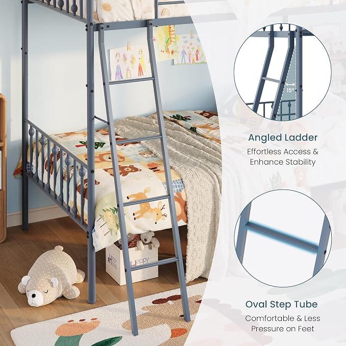 SHA CERLIN Convertible Twin Over Twin Bunk Bed, CPC Certified,Gray | Victorian Iron-Art Headboard and Footboard,Space-Saving Metal Bunk Bed with Guardrail & Ladder,No Box Spring Needed