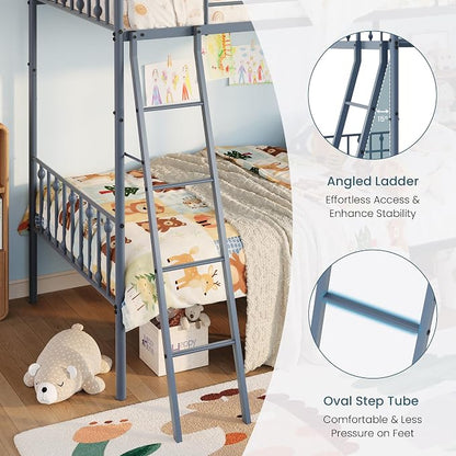 SHA CERLIN Convertible Twin Over Twin Bunk Bed, CPC Certified,Gray | Victorian Iron-Art Headboard and Footboard,Space-Saving Metal Bunk Bed with Guardrail & Ladder,No Box Spring Needed
