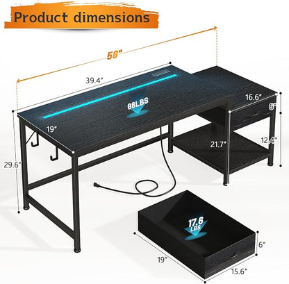 56 Inch Gaming Desk with Printer Shelf and LED Lights,Reversible Computer Desk with Drawers and Power Outlets,Study Table with Hooks for Headphone,Bags,Gamer Desk Work Desk for Teen Bedroom,Dorm