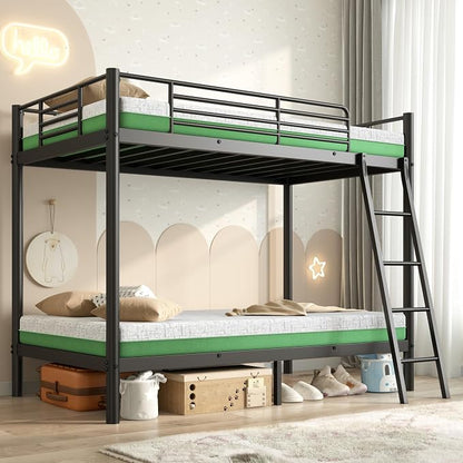 Bunk Bed Twin Over Twin with 6'' Mattresses, Heavy Duty Metal Bunk Bed Frame with Angled Ladder for Teens and Adults, Space Saving for Apartment, Dorm or Small Room, Easy Assembly