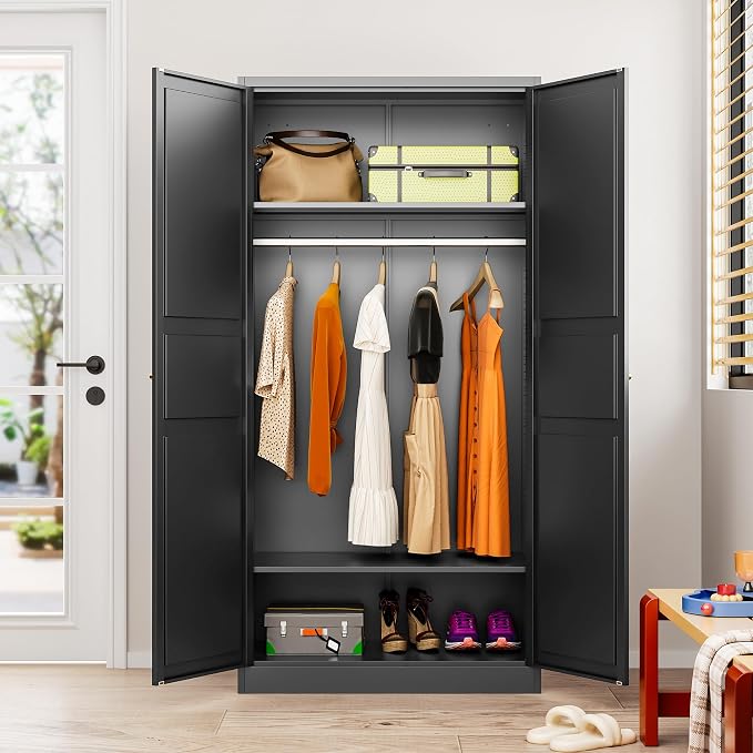 Metal Wardrobe Cabinet,Armoire Wardrobe Closet with doors,Black Metal Clothing Storage Cabinet with Adjustable Shelves and Hanging Rod,72" Cloth Storage Cabinets for Home,Bedroom Armoires,Laundry