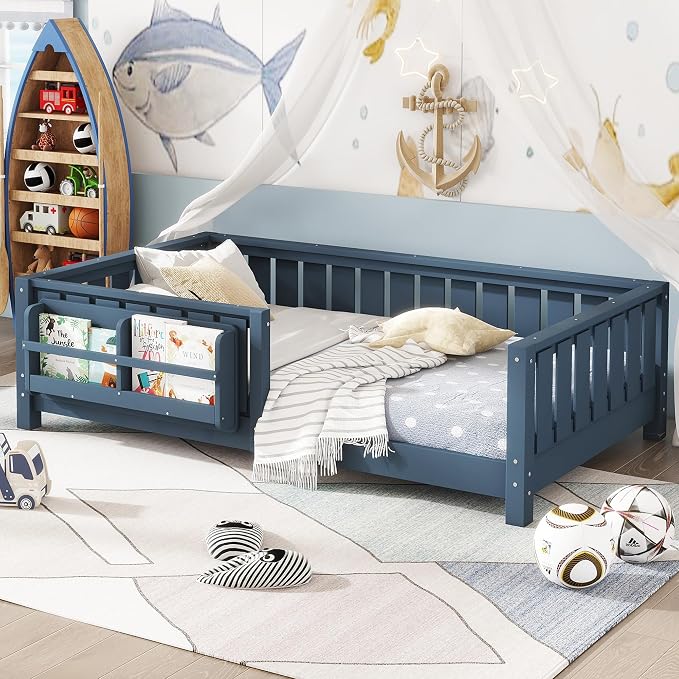 Bellemave Twin Size Montessori Floor Bed with Slats and Fence, Twin Size Montessori Bed with Rails and Bookcase, Easy Assemble Floor Beds Frame, Blue