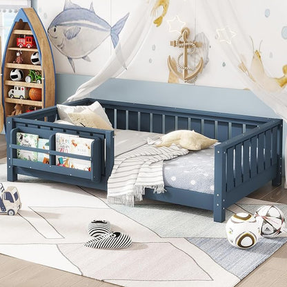 Bellemave Twin Size Montessori Floor Bed with Slats and Fence, Twin Size Montessori Bed with Rails and Bookcase, Easy Assemble Floor Beds Frame, Blue