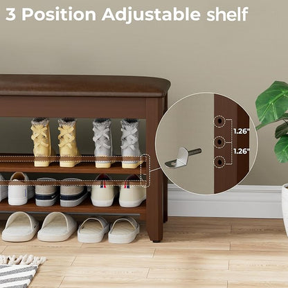 Homleke 2-Tier Solid Wood Shoe Rack Bench with Flip-Top Storage | Entryway Bench with Cushion, Adjustable Shelf, Holds Up to 8 Pairs, for Hallway, Bedroom and Closet, Walnut, 31.5 Inch