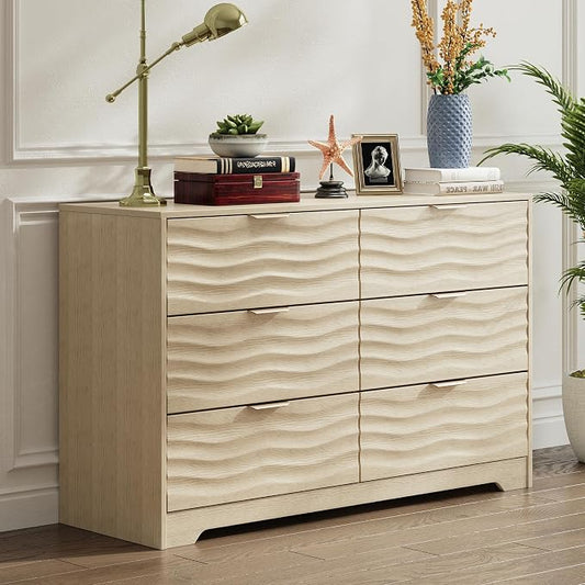 MALOL 48" Wide 6 Drawers Dresser for Bedroom, Coastline Fluted Modern Dresser Drawer with Metal Handle, Storage Chest of TV Stand Organizers Wooden for Living Room, Hallway, Closet, Natural Wood