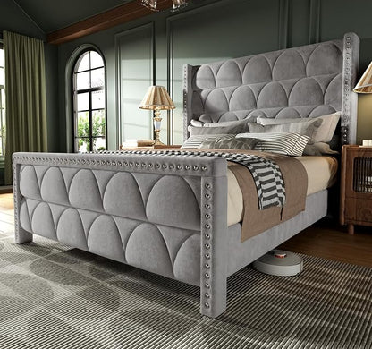 OHOHOLIVE Queen Size Bed Frame with 56" Headboard - Velvet Upholstered Wingback Platform Bed Frame, Noise Free, Sturdy Wooden Slat Support (Deep Gray, Queen)