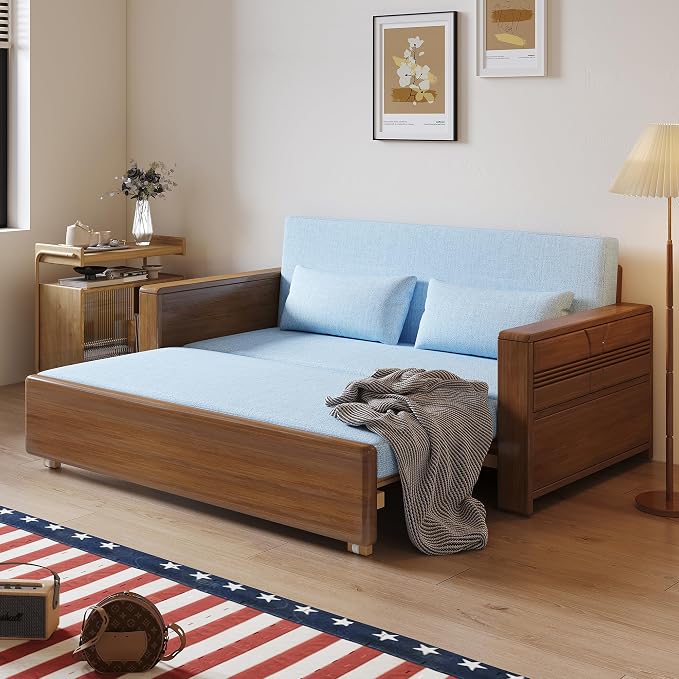 71" Queen Convertible Sofa Sleeper, 3-in-1 Sectional Sofa Bed with Reversible Chaise, Blue Cushions,Solid Wood Frame, Pull Out Couch for Living Room Apartment Bedroom Office