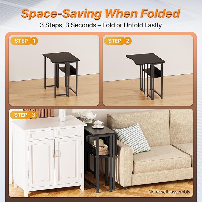Huuger Folding Desk with Storage Shelf, 23.6 Inch Foldable Computer Table for Small Spaces, Space Saving Sofa Table for Couch, Writing Work Office Computer Desk, Easy to Fold, Black