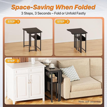 Huuger Folding Desk with Storage Shelf, 23.6 Inch Foldable Computer Table for Small Spaces, Space Saving Sofa Table for Couch, Writing Work Office Computer Desk, Easy to Fold, Black