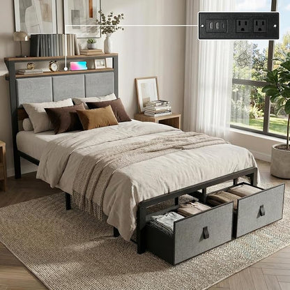 Upholstered Twin Bed Frame with 2-Tier Storage Headboard, Metal Platform Bed with Charging Station, Twin Size Bed Frame with 2 Under Bed Storage Drawers, No Box Spring Needed, Noise-Free