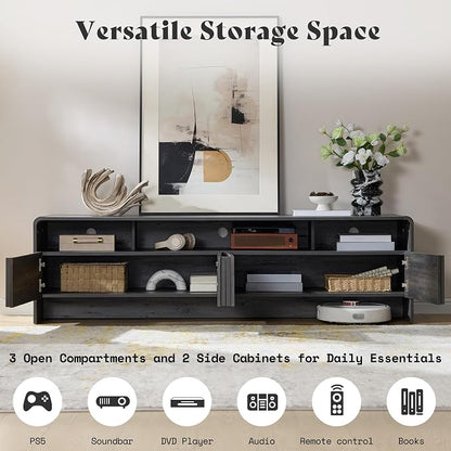AMERLIFE 70" Modern TV Stand for TVs up to 80", Fluted Wood Entertainment Center with Storage Cabinets, Media Console Table for Living Room, Black