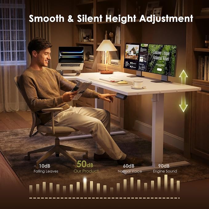 OffiGo Electric L Shaped Standing Desk, 63 Inches Height Adjustable Table, Reversible Corner Stand Up Desk, Lifting Computer Table for Home Office, Computer Workstation, White