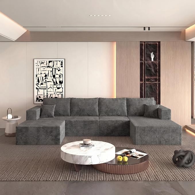 138" Modular Sectional Sofa, U-Shaped Cloud Couch with Deep Seats & Chaise, Convertible Corduroy Boneless Couches for Living Room, No-Assembly - Grey (Right Facing Chaise)