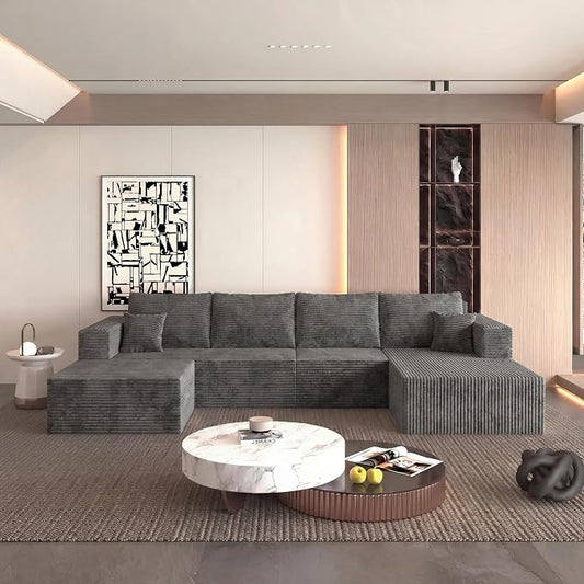 138" Modular Sectional Sofa, U-Shaped Cloud Couch with Deep Seats & Chaise, Convertible Corduroy Boneless Couches for Living Room, No-Assembly - Grey (Right Facing Chaise)
