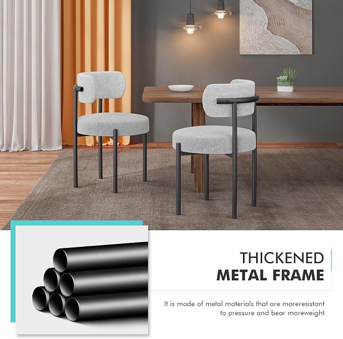 PatioPerk Boucle Dining Chairs Set of 6, Gray Mid Century Morden Chair with Curved Backrest, Round Upholstered Sherpa with Metal Legs, Suitable for Various Kitchen Styles