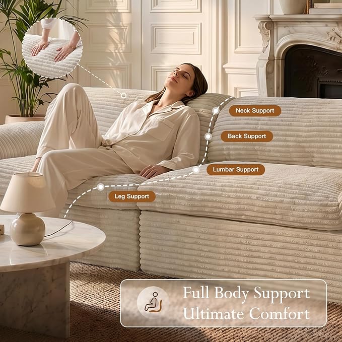 Vesgantti 118" Boneless Couches for Living Room, Cloud Sectional Couch & Deep Seat, 3 Seater Comfy Corduroy Modular Sofa, Modern Slouch Couch, No Assembly Required, Beige