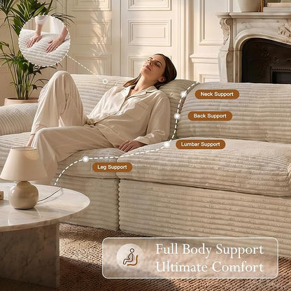 Vesgantti 118" Boneless Couches for Living Room, Cloud Sectional Couch & Deep Seat, 3 Seater Comfy Corduroy Modular Sofa, Modern Slouch Couch, No Assembly Required, Beige