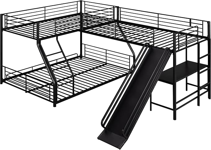 Flieks L-Shaped Twin Over Full Bunk Bed with Twin Size Loft Bed,Built-in Desk and Slide,Black