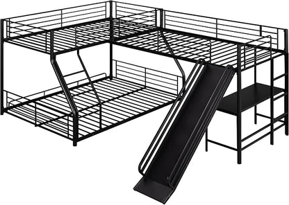 Flieks L-Shaped Twin Over Full Bunk Bed with Twin Size Loft Bed,Built-in Desk and Slide,Black