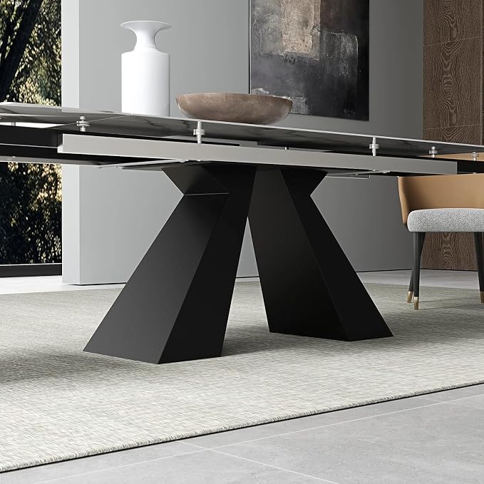 Modern Telescoping Dining Table for 8-10 People, 63-94.5 Inch Retractable White Simulated Marble Tabletop Thick Carbon Steel Base for Dining Room Kitchen Family Party