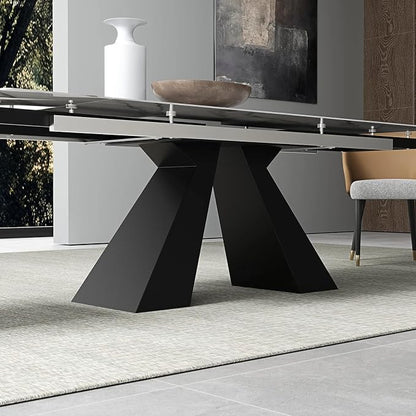 Modern Telescoping Dining Table for 8-10 People, 63-94.5 Inch Retractable White Simulated Marble Tabletop Thick Carbon Steel Base for Dining Room Kitchen Family Party