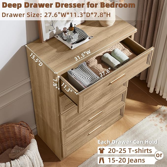 RWYHG Dresser for Bedroom with 5 Drawers 45" Tall Wood Closet Organizer with Metal Handle Furniture for Living Room Hallway Oak