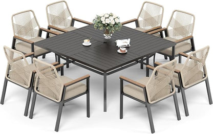 9 Pieces Patio Dining Set, 8 x Woven Rattan Chairs with Waterproof Cushion, 57.5" Square Metal Dining Table with Umbrella Hole, Outdoor Table and Chairs Set for Backyard Lawn and Deck, Beige