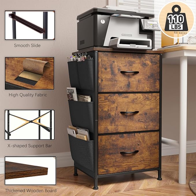 Night Stand Set 2,Night Stand with Drawers for Bedroom,Bedside Table with Wooden Top,Sturdy Steel Frame End Table,Dorm Small Nightstand for Bedroom,Entryway,Hallway,Cloth Bags,Hooks,Rustic Brown