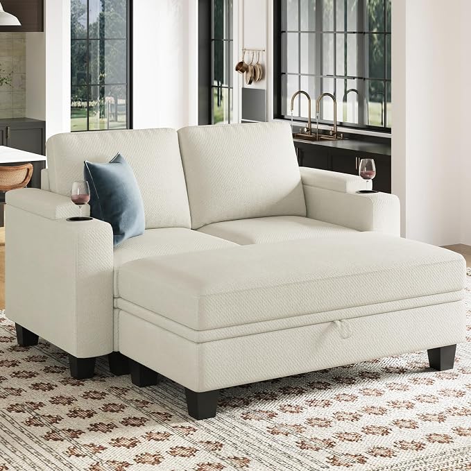 Belffin Sectional Sofa Bed with Storage Ottoman Small Modular Couch with Cup Holder Apartment Couch Beige