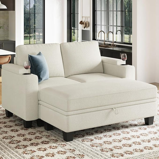 Belffin Sectional Sofa Bed with Storage Ottoman Small Modular Couch with Cup Holder Apartment Couch Beige