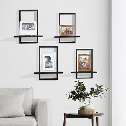 PHOENANCEE Square Floating Shelves,Wall Plants Holder,Bathroom Wall Decor,Framed Decorative Shelf Black,Modern Chic Set of 2 for Living Room Bedroom Home Office,Soild Wood,L+S