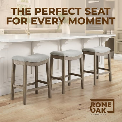 ROME + OAK Parker 26 Inch Counter Stool, Backless Saddle Kitchen Barstool in Reclaimed Oak Finish with Grey Fabric Upholstery Cushion Seat
