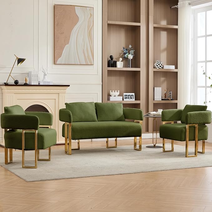 YISHENG Loveseat Sofa Modern Accent Chairs for Living Room with Golden Metal Legs Soft Teddy Upholstered Reading Armchairs no Wheels for Reception Room//Bedroom/Lounge/Office, Green