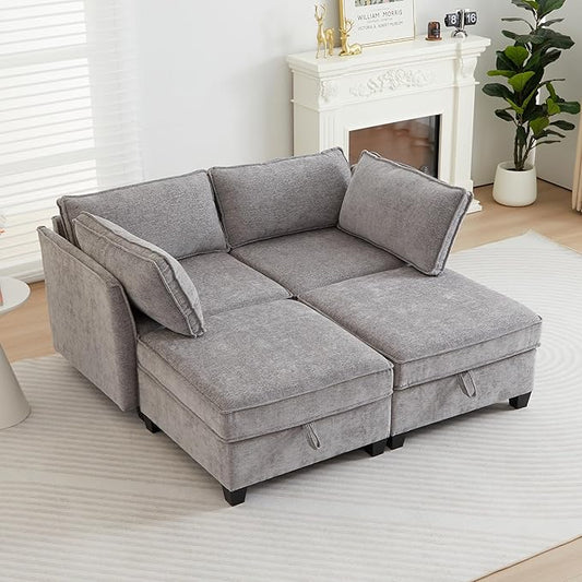 ORRD Sleeper Modular Sectional Sofa Set, Convertible Couch Bed with Storage, 4 Seater and 2 Armrestes Sofa Modular for Living Room, Office (Grey)