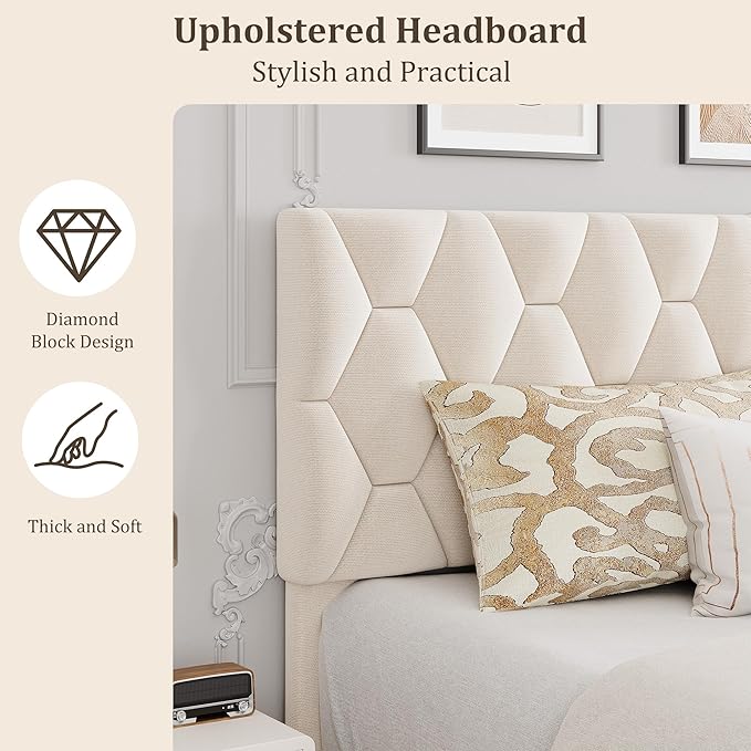 GAOMON Beige Queen Bed Frame with Upholstered Headboard, Heavy-Duty Platform Bed Frame with Strong Wood Slats, No Box Spring Needed/Noise Free/Easy Assembly