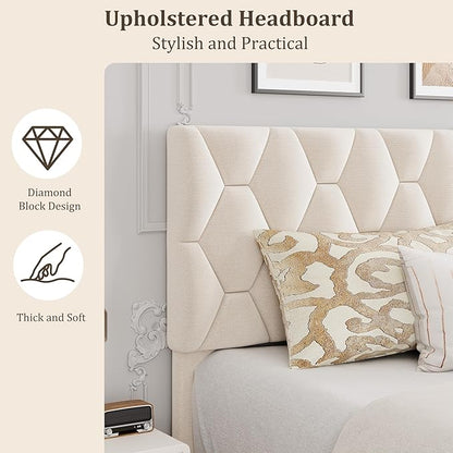 GarveeHome Beige Full Bed Frame with Headboard, Heavy-Duty Platform Bed Frame with Adjustable Headboard, Upholstered Mattress Foundation with Strong Wood Slat Support/No Box Spring Needed/Noise Free
