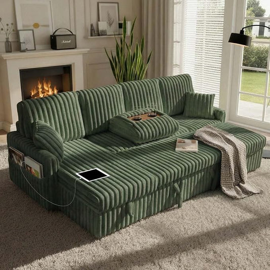 KCGKCG 104" U Shaped Sleeper Sofa Bed, Sectional Couches for Living Room, Plush Corduroy Pull Out Couch Bed with Storage, Modular Sectional Couch with Charging Station, Cup Holder, Side Pocket, Green
