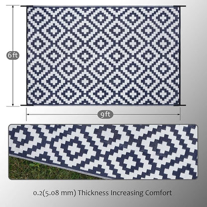 SAND MINE Reversible Mats, Plastic Straw Rug, Modern Area Rug, Large Floor Mat and Rug for Outdoors, RV, Patio, Backyard, Deck, Picnic, Beach, Trailer, Camping, Dark Blue & White, 6' x 9'