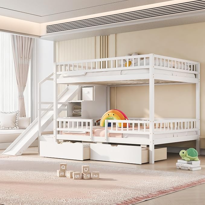 Full Over Full Bunk Bed with Slide and Staircase