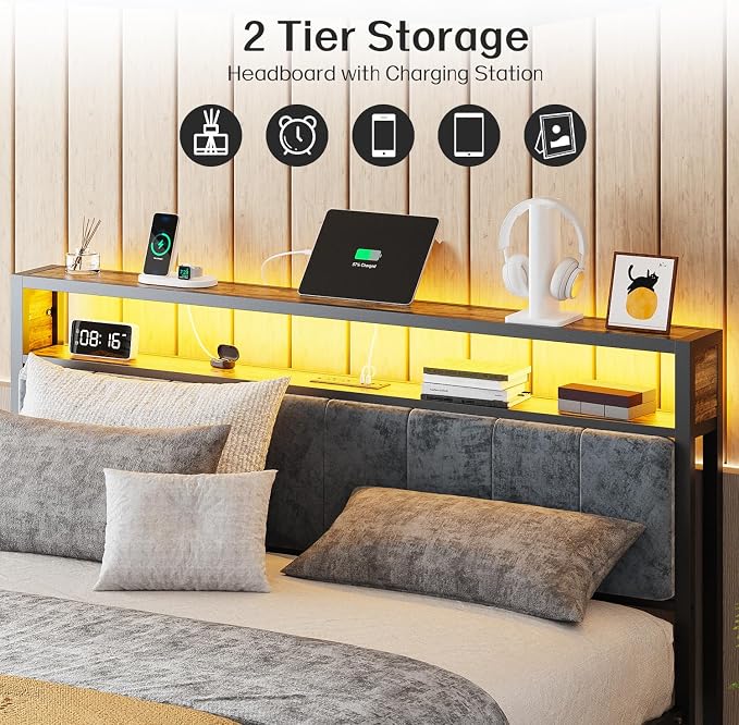 OLEVS King Bed Frame with Headboard, Metal Platform Bed King Size with 2-Tier Storage, LED Light & Charging Station Type C, No Box Spring Needed, Easy Assembly