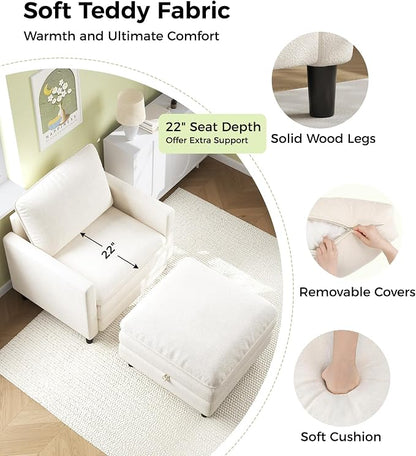 Welzona 3-Layers Cloud Accent Chair with Ottoman, 33" Comfy Reading Chair for Bedroom, Living Room, Tool-Free Assembly with Teddy Fabric Arm Chairs and Ottoman Set, Beige, Removable Washable Cover